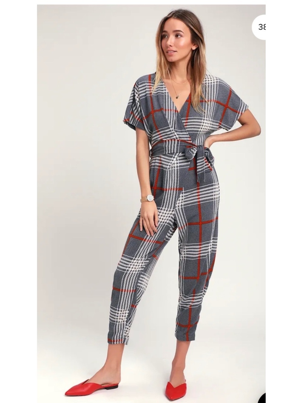 Lush Lanbrook Slate Blue Plaid Print Jumpsuit